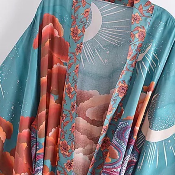 🌸 ROBE MOON SKY KIMONO DUSTER LONG MAXI KAFTAN BREATHE BOHEMIAN BOHO CHIC TEAL - Picture 3 of 12